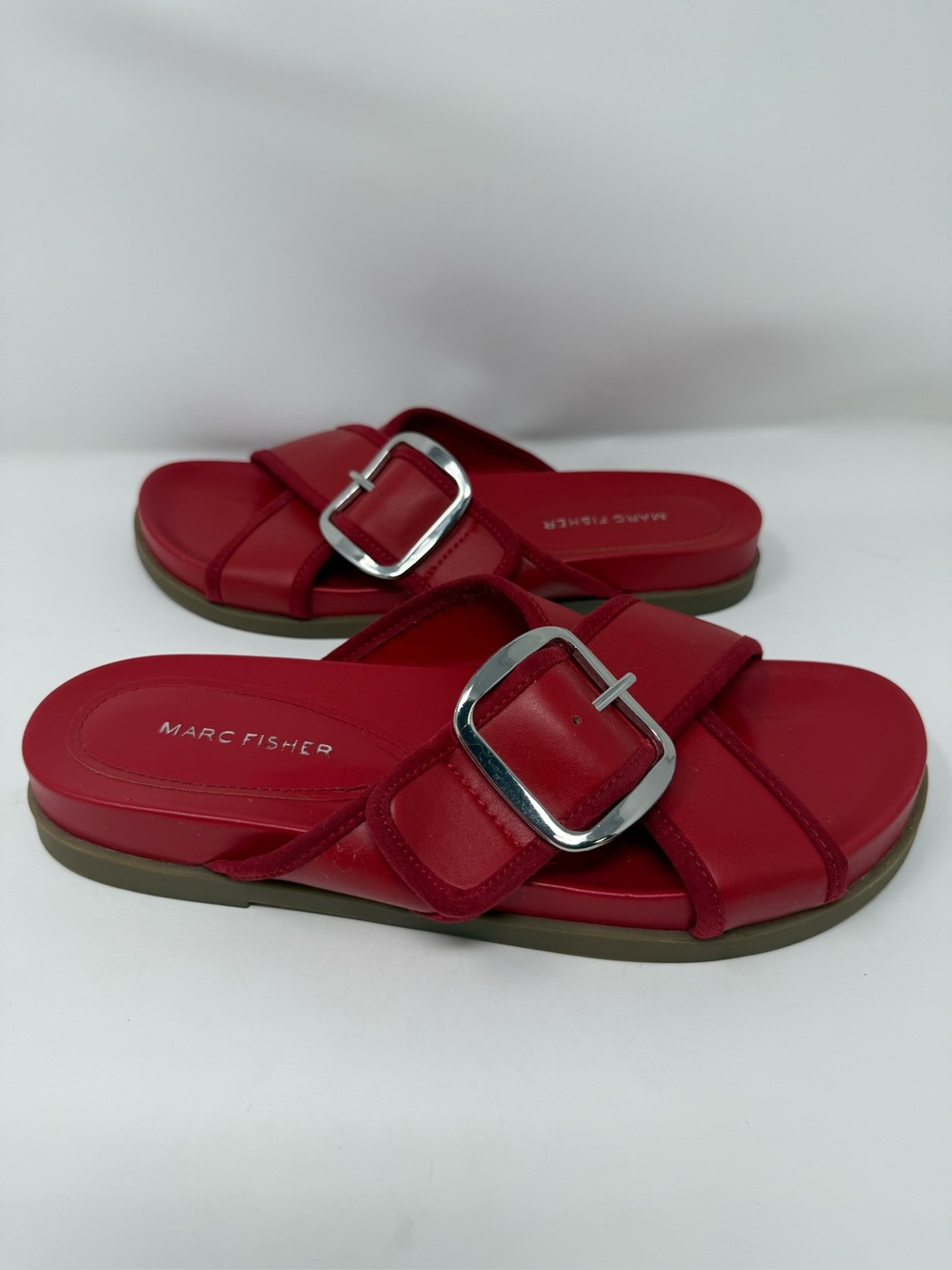 Marc Fisher Red Slide Sandals with Silver Buckle